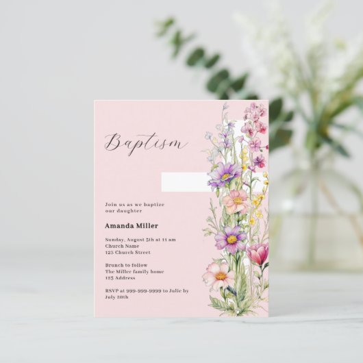 Roze bloemenkruis meisje Doop uitnodiging (Staand voorkant)