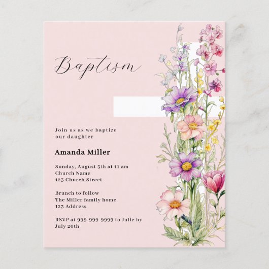 Roze bloemenkruis meisje Doop uitnodiging (Voorkant)