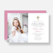Roze bloemenkruis Meisje Eerste Communie Foto Kaart