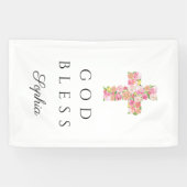 Roze Bloemenkruis Religieus God Zegen Spandoek (Horizontaal)