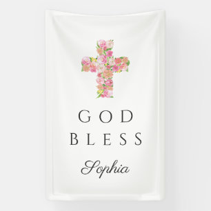 Roze Bloemenkruis Religieus God Zegen Spandoek
