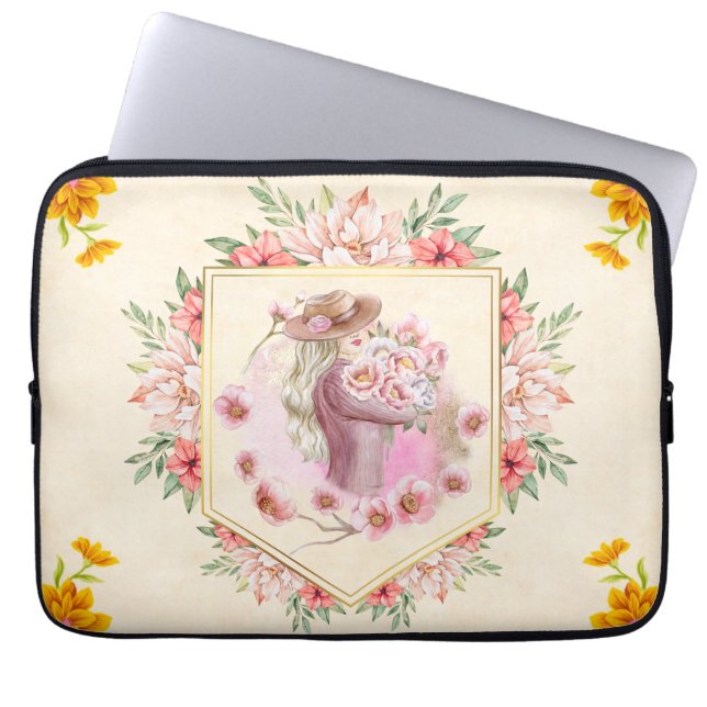 Roze Bloemenkunst, Vrouwe van de Lente Laptop Sleeve (Voorkant)