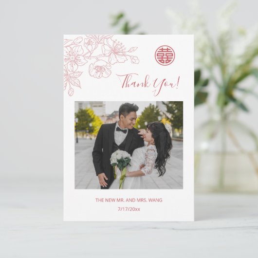 Roze Bloemenlijn Art Photo Wedding Dank u Bedankkaart (Staand voorkant)