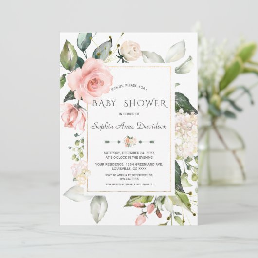 Roze bloemenlijst baby shower kaart (Staand voorkant)