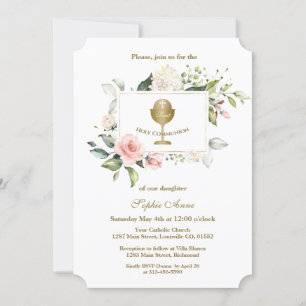 Roze bloemenlijst Meisje Eerste Heilige Communie s Kaart