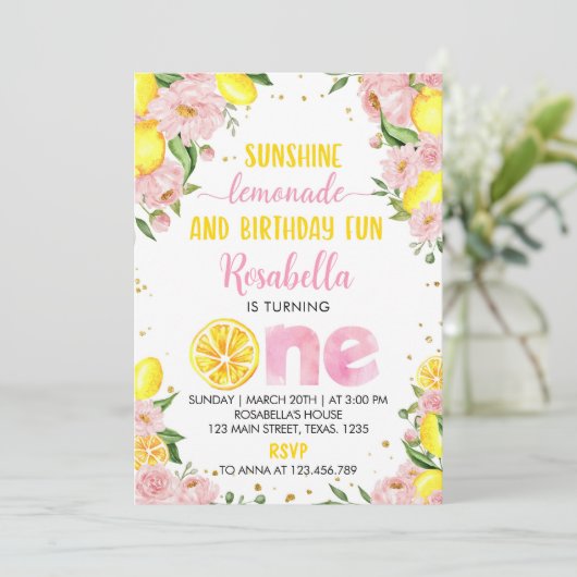 Roze Bloemenlimonade 1e Verjaardag uitnodiging (Staand voorkant)