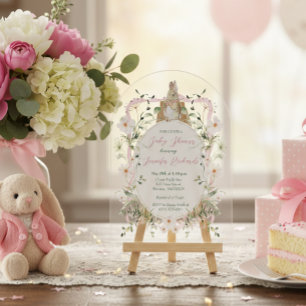 Roze Bloemenlint Baby Bunny Baby shower Acryl Uitnodigingen