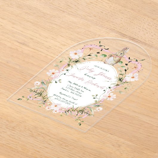 Roze Bloemenlint Baby Bunny Baby shower Acryl Uitnodigingen (Laagn)