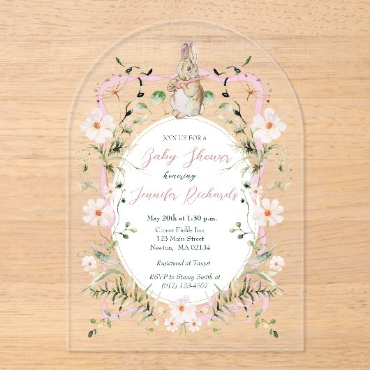 Roze Bloemenlint Baby Bunny Baby shower Acryl Uitnodigingen (Voorkant)