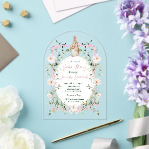 Roze Bloemenlint Baby Bunny Baby shower Acryl Uitnodigingen