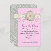 Roze Bloemenlint Zilveren Damast Save the date (Voorkant / Achterkant)