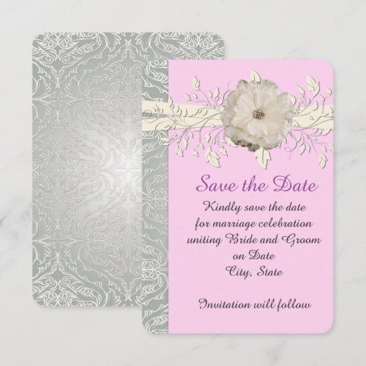 Roze Bloemenlint Zilveren Damast Save the date (Voorkant / Achterkant)
