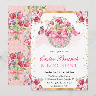 Roze bloemenmand en vlinders Pasen brunch Kaart