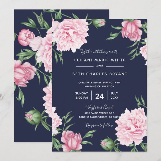 Roze Bloemenmarine achtergrond bruiloft uitnodigin Kaart (Voorkant / Achterkant)
