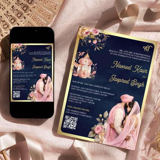 Roze Bloemenmarine QR Code Anand Karaj Sikh Bruilo Kaart