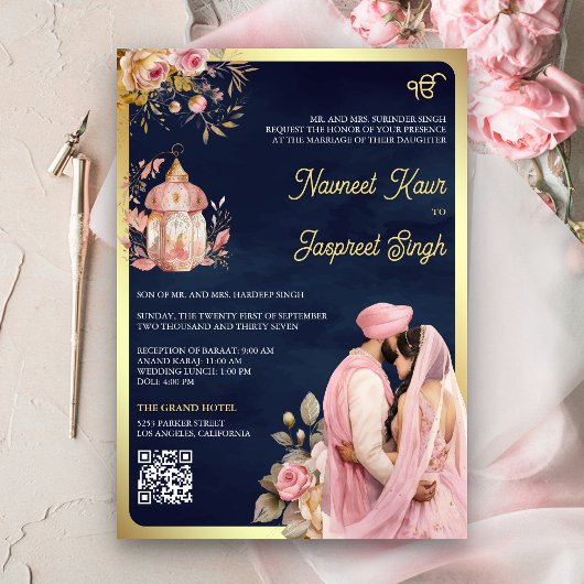 Roze Bloemenmarine QR Code Anand Karaj Sikh Bruilo Kaart