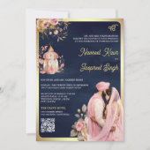 Roze Bloemenmarine QR Code Anand Karaj Sikh Bruilo Kaart (Voorkant)