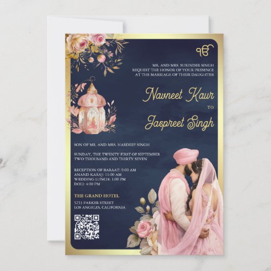 Roze Bloemenmarine QR Code Anand Karaj Sikh Bruilo Kaart (Voorkant)