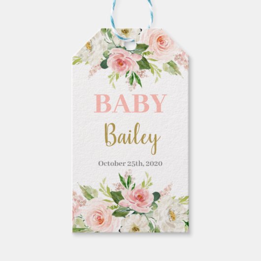 Roze bloemenmeisje baby shower cadeaulabel (Voorkant)