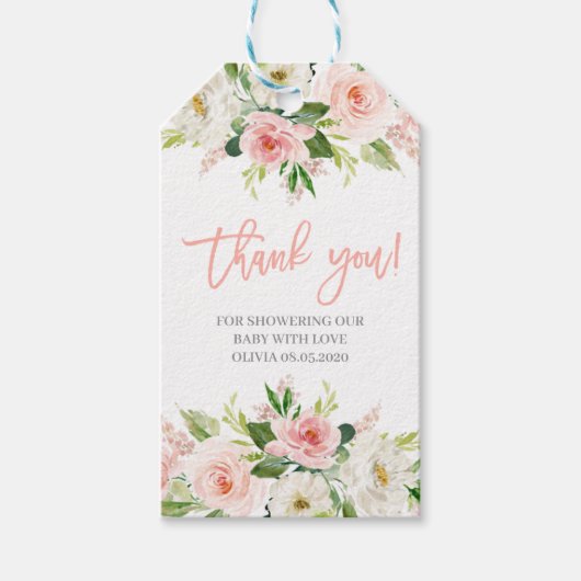 Roze bloemenmeisje baby shower cadeaulabel (Voorkant)