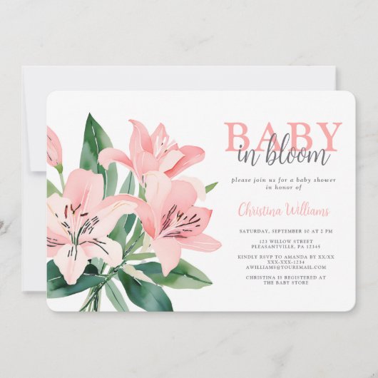 Roze bloemenmeisje babyshower uitnodiging (Voorkant)