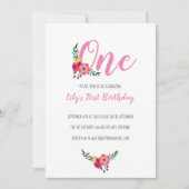 Roze bloemenmeisje eerste verjaardagsfeestje kaart (Voorkant)