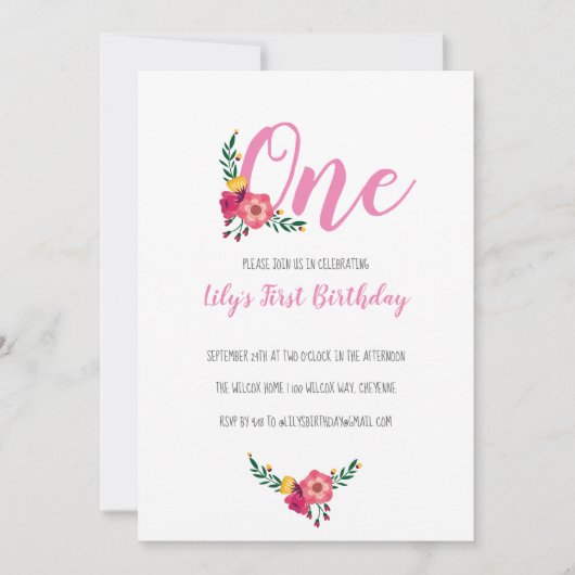 Roze bloemenmeisje eerste verjaardagsfeestje kaart (Voorkant)
