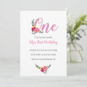 Roze bloemenmeisje eerste verjaardagsfeestje kaart (Staand voorkant)