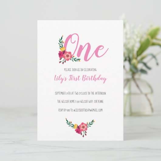 Roze bloemenmeisje eerste verjaardagsfeestje kaart (Staand voorkant)