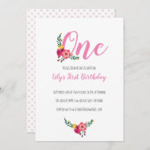 Roze bloemenmeisje eerste verjaardagsfeestje kaart (Voorkant / Achterkant)