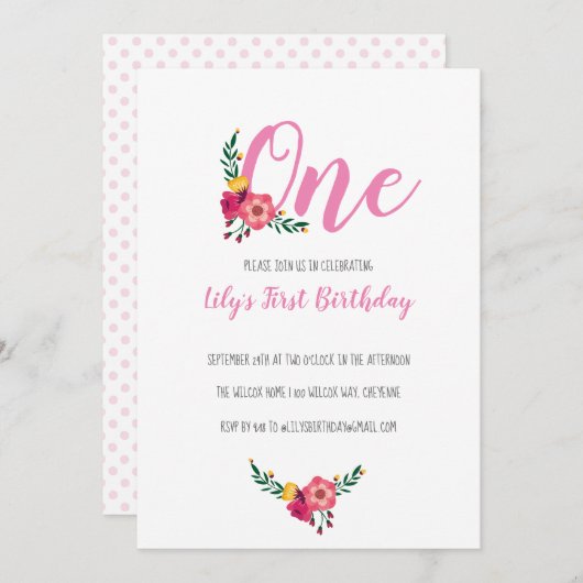 Roze bloemenmeisje eerste verjaardagsfeestje kaart (Voorkant / Achterkant)