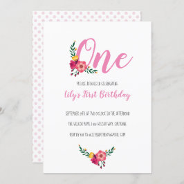 Roze bloemenmeisje eerste verjaardagsfeestje kaart