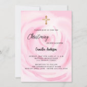 Roze bloemenmeisje gouden kruis doopsel kaart (Voorkant)