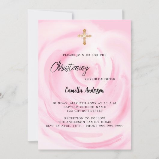 Roze bloemenmeisje gouden kruis doopsel kaart (Voorkant)