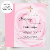 Roze bloemenmeisje gouden kruis doopsel kaart