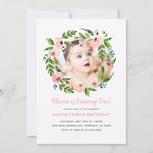 Roze bloemenmeisje verjaardagsuitnodigingen 1 jaar kaart (Voorkant)