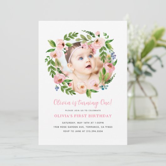Roze bloemenmeisje verjaardagsuitnodigingen 1 jaar kaart (Staand voorkant)