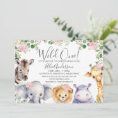 Roze bloemenmeisjes safari babyshower uitnodiging (Staand voorkant)