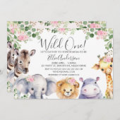 Roze bloemenmeisjes safari babyshower uitnodiging (Voorkant / Achterkant)