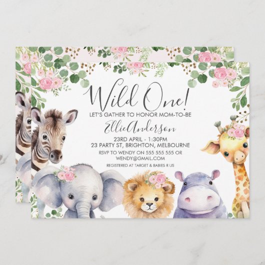 Roze bloemenmeisjes safari babyshower uitnodiging (Voorkant / Achterkant)