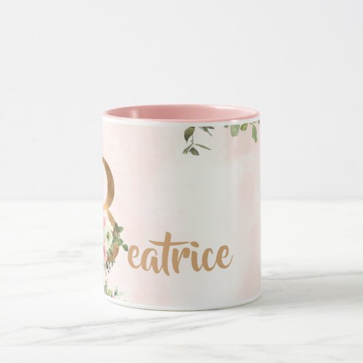 Roze bloemenmonogram B waterverf met naam Mok (Midden)