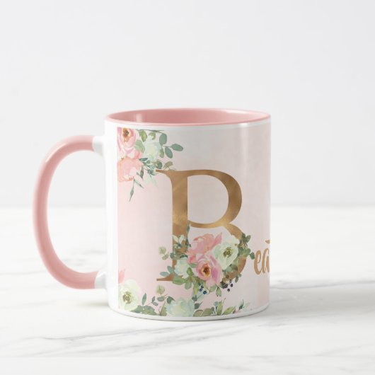 Roze bloemenmonogram B waterverf met naam Mok (Links)