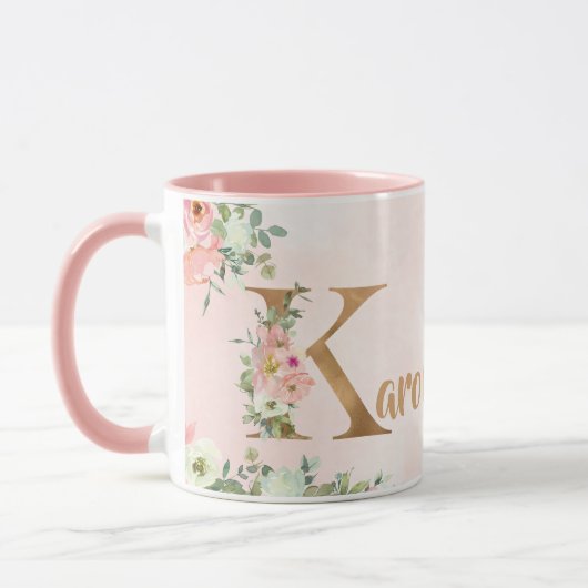 Roze bloemenmonogram K waterverf met Naam Mok (Links)