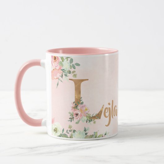 Roze bloemenmonogram L waterverf met Naam Mok (Links)