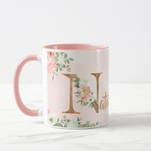 Roze bloemenmonogram N waterverf met Naam Mok (Links)