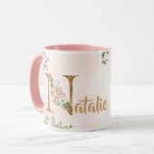 Roze bloemenmonogram N waterverf met Naam Mok (Voorkant links)