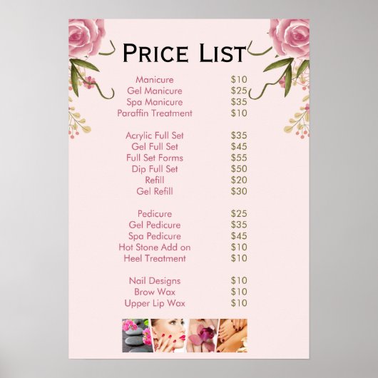 Roze bloemennagelsalon Prijslijst Menu Poster (Voorkant)
