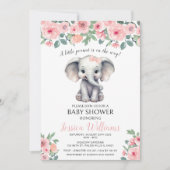 Roze bloemenolifant baby meisje douche uitnodiging (Voorkant)