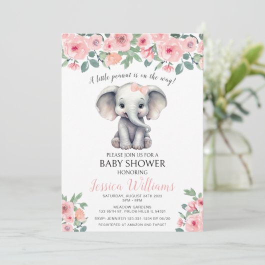 Roze bloemenolifant baby meisje douche uitnodiging (Staand voorkant)