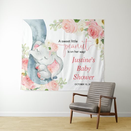 Roze bloemenolifant baby shower achtergrond teken wandkleed (In Situ (horizontaal))